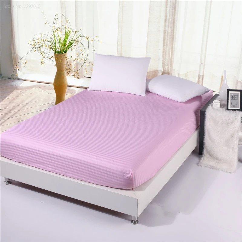 

Hotel Fitted Sheet Satin Bed Linen Cotton Double Mattress Cover 160 to 200 Elastic Band Stripes Solid Bedding Set Bed Sheets 90