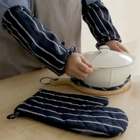 dark blue striped cotton microwave oven gloves insulation pad mat sleeve set heat resistant mitten baking cooking tool