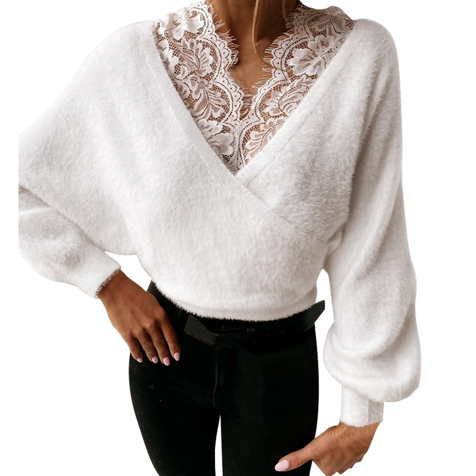 

Женская Сексуальная кружевная плюшевая Осенняя блузка, топ с запахом спереди, блузка свободного кроя с длинным рукавом и глубоким V-образны...