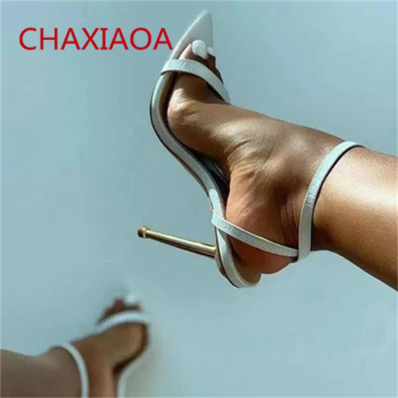 

CHAXIAOA Metal Heel Sandals for Women 2021 Open Toe Leather Buckle Strap Sexy High Heels Casual Summer Shoes Woman Party Sandals