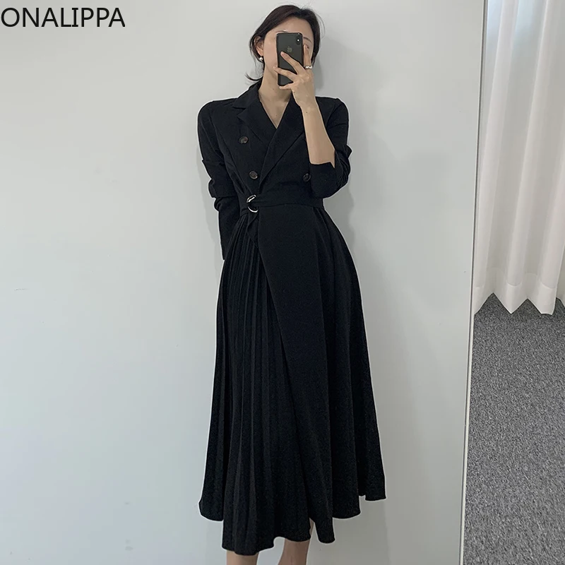 

Женское платье ONALIPPA, осень 2021, корейский минималистичный темпераментный костюм с воротником, двубортное приталенное плиссированное платье...