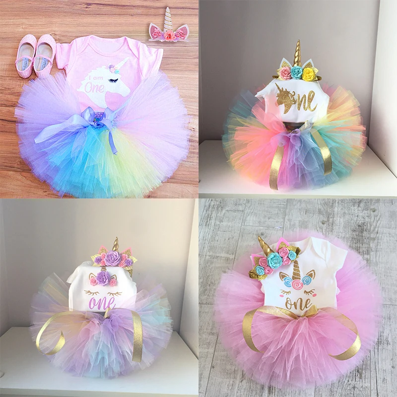 

Newborn Baby Girl 1st Birthday Outfits Infant Clothing Sets One Year Baby Romper+Fancy Tutu Skirt+Headband Suits Baby Gift Sets