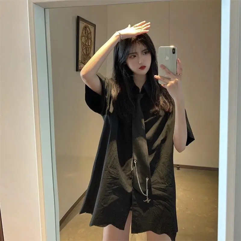 

Harajpoo Women Shirts Short-sleeved Tie Design Sense Niche 2021 Summer New Tie Korean Version Loose Salt Ins Tide Long Tops