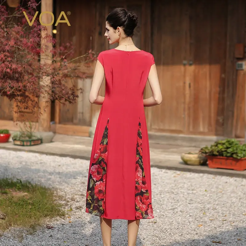 VOA 2018 Spring Summer New Vintage Chinese Style Embroidery Print Slim Dress Red Heavy Silk Plus Size Women Midi A7578 | Женская одежда