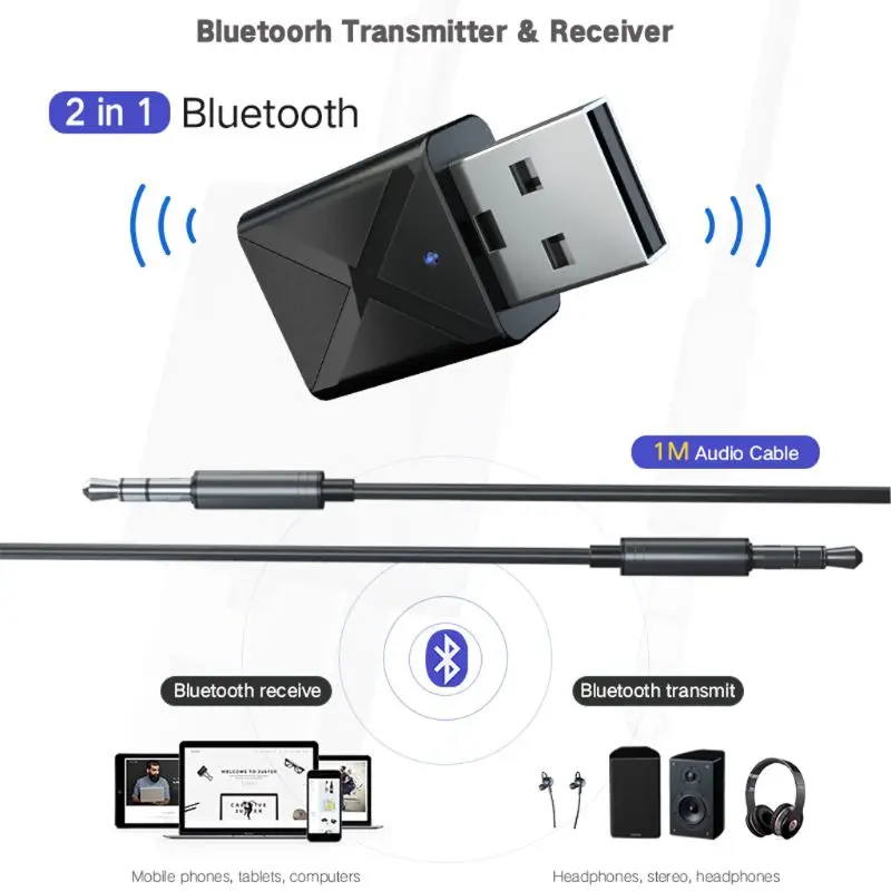 

Bluetooth 5.0 2 in1 Audio Receiver Transmitter Wireless Adapter Mini 3.5mm Jack AUX Stereo Bluetooth Transmitter For PC TV Car