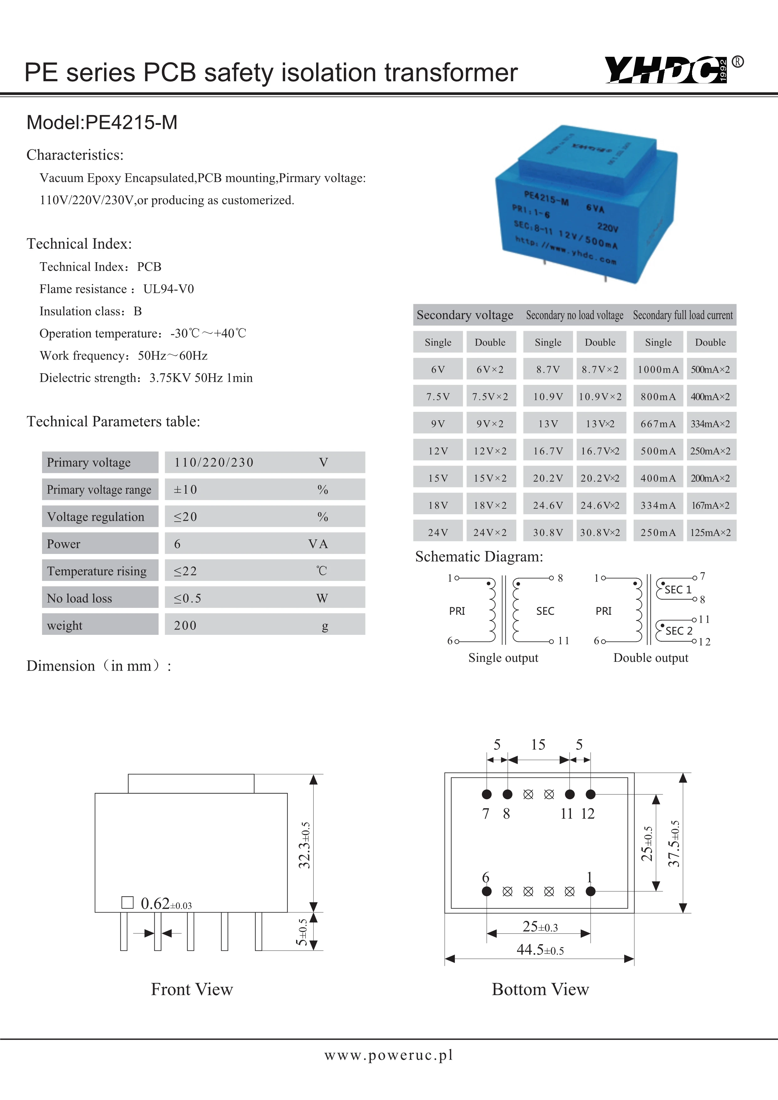 YHDC PE4215-M мощность 6VA/220В/2*6 в Инкапсулированный трансформатор PCB сварочная изоляция