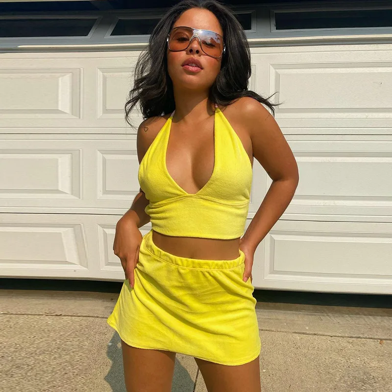 

Halter Sexy Crop Tops Mini Skirts Set Women Backless High Waist Skirt Suits 2021 Summer Beach Dress 2 Piece Sets Womens Outfits