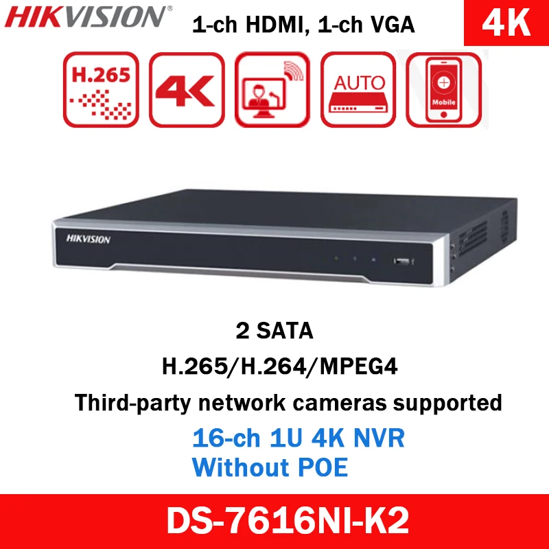 

Сетевой видеорегистратор Hikvision 16CH 4K NVR DS-7616NI-K2 No POE ONVIF H.265 + 1-ch VGA 1 HMDI, международная версия, сетевой видеорегистратор Hik