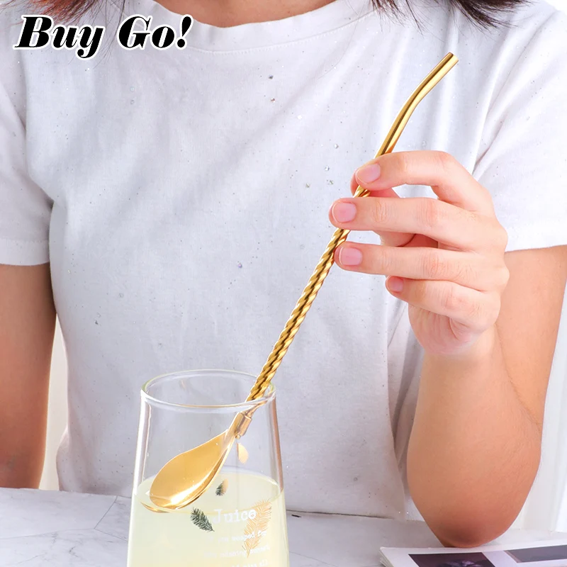 1PC Long Big Twisted Straw Spoon Portable Gold Tea Scoop Reusable Colored Stainless Steel Straws Cocktail Coffee Stirring | Дом и сад