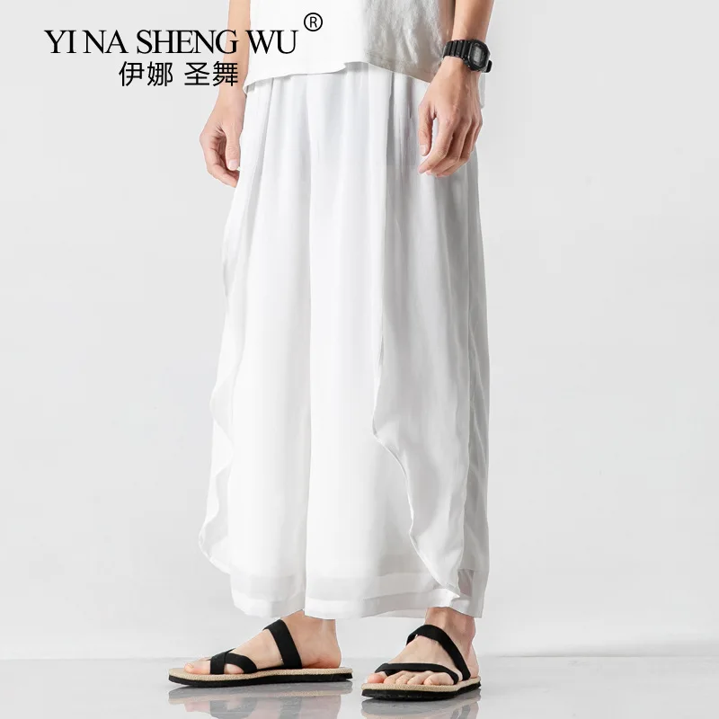 Брюки мужские шифоновые с широкими штанинами свободные однотонные повседневные