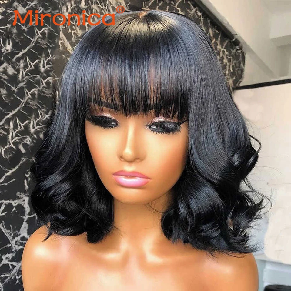 

Short Bob Human Hair Wigs With Bangs Brazilian Body Wave Wig Full Machine Made Wig With Bangs 100% Remy Human Hair Wig For Women