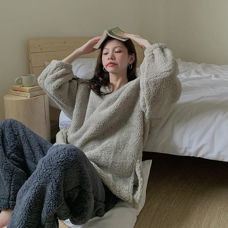 Двусторонняя кашемировая свободная Пижама женская зимняя плюшевая утепленная