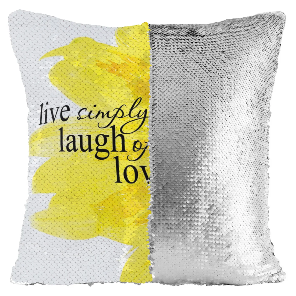 Silver Sequins Pillow Case Live Simple Laugh Love Sunflower Print For Kids Room Square Throw Magic Reversible Sequin Pillowcases |