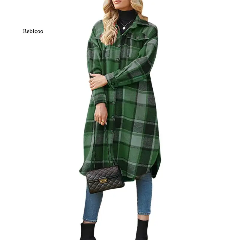 

Winter Women's Casual Long-Sleeved Jacket, Fashion Contrast Checkered Single-Breasted Mid-Length Jacket, Daily Wear