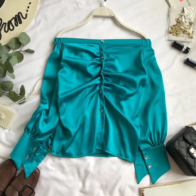 

Женская однобортная атласная блузка со складками, Повседневная рубашка с воротником-лодочкой и длинным рукавом, весна-зима 2019