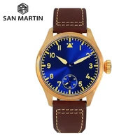 san martin bronze pilot mens watch manual mechanical sapphire leather strap luminous water resistant see through case back