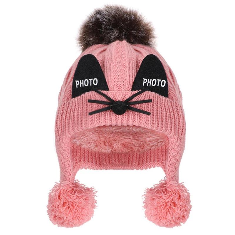 pink Hat Зимние детские бархатные вязаные шляпы для мальчиков и девочек, хлопковые шапки, меховые шарики, шапочка с помпоном, Детские теплые уличные шапки с кошачьими ушками - Цвет: pink Hat