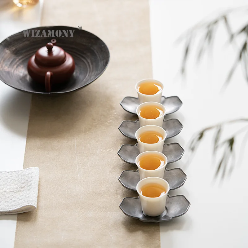 

WIZAMONY pure tin used Begonia coaster kungfu tea set tea ceremony accessories tea cup tea bracket box