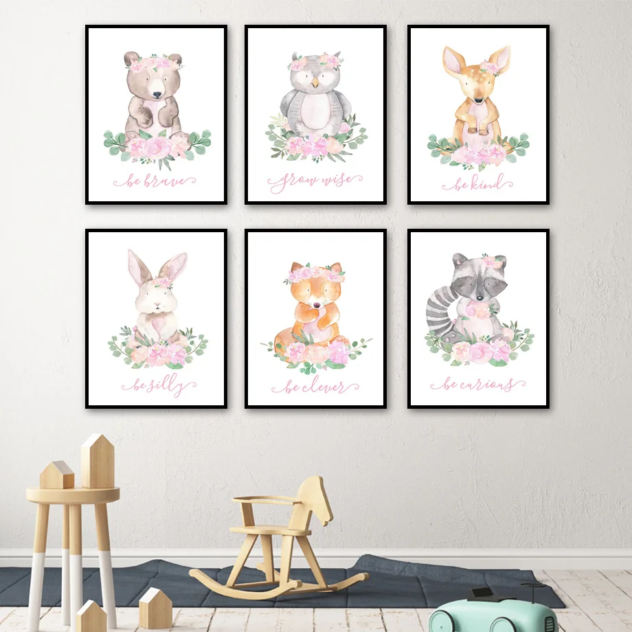 

Cartoon Watercolor Animal Bear Rabbit Deer Owl Wall Art Canvas Painting Nordic Posters And Prints Wall Pictures Kids Room Decor