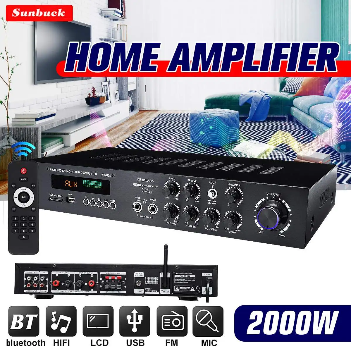 

SUNBUCK 220V Bluetooth Amplifier Digital Stereo Audio Processor HiFi Surround Sound Digital Powerful Home Karaoke Music Player