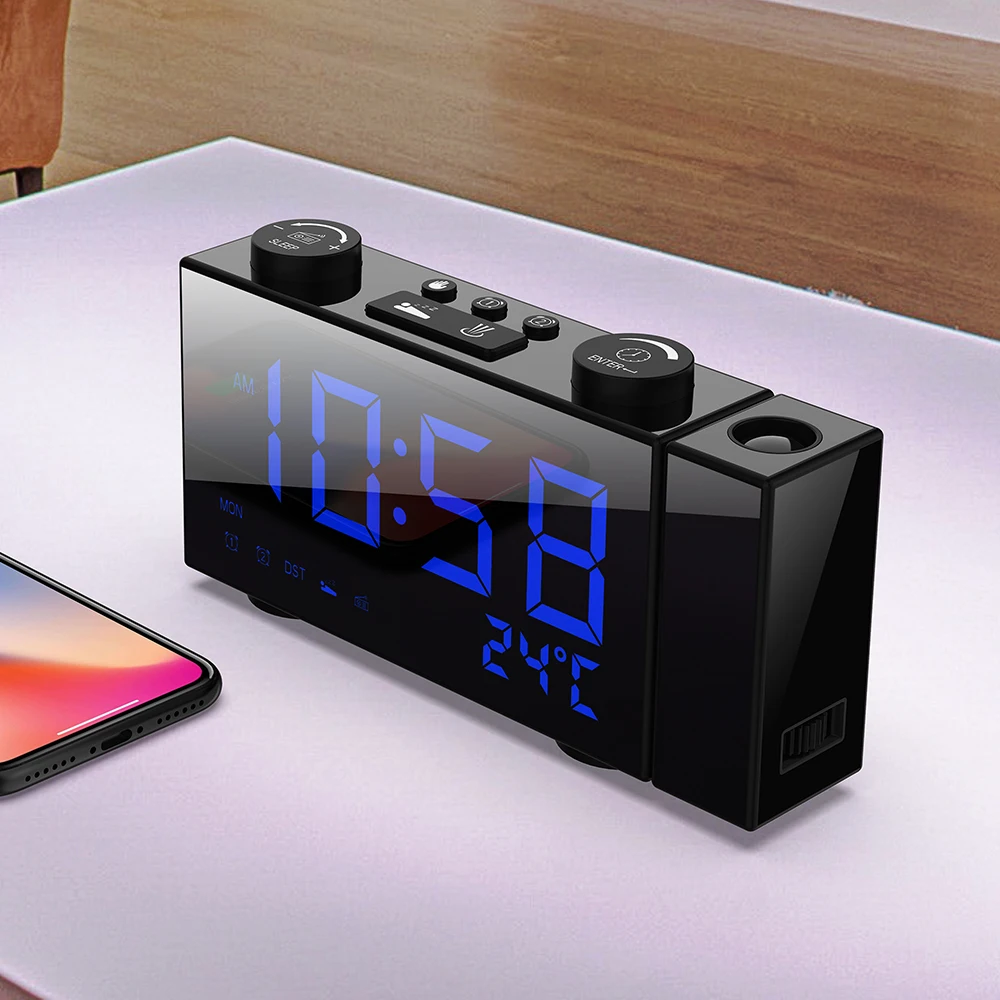 Digital Alarm Clock FM Projection Radio Alarm Clock with Snooze Thermometer Table Clock USB/Batterys Powers Supplys LEDs Alarm