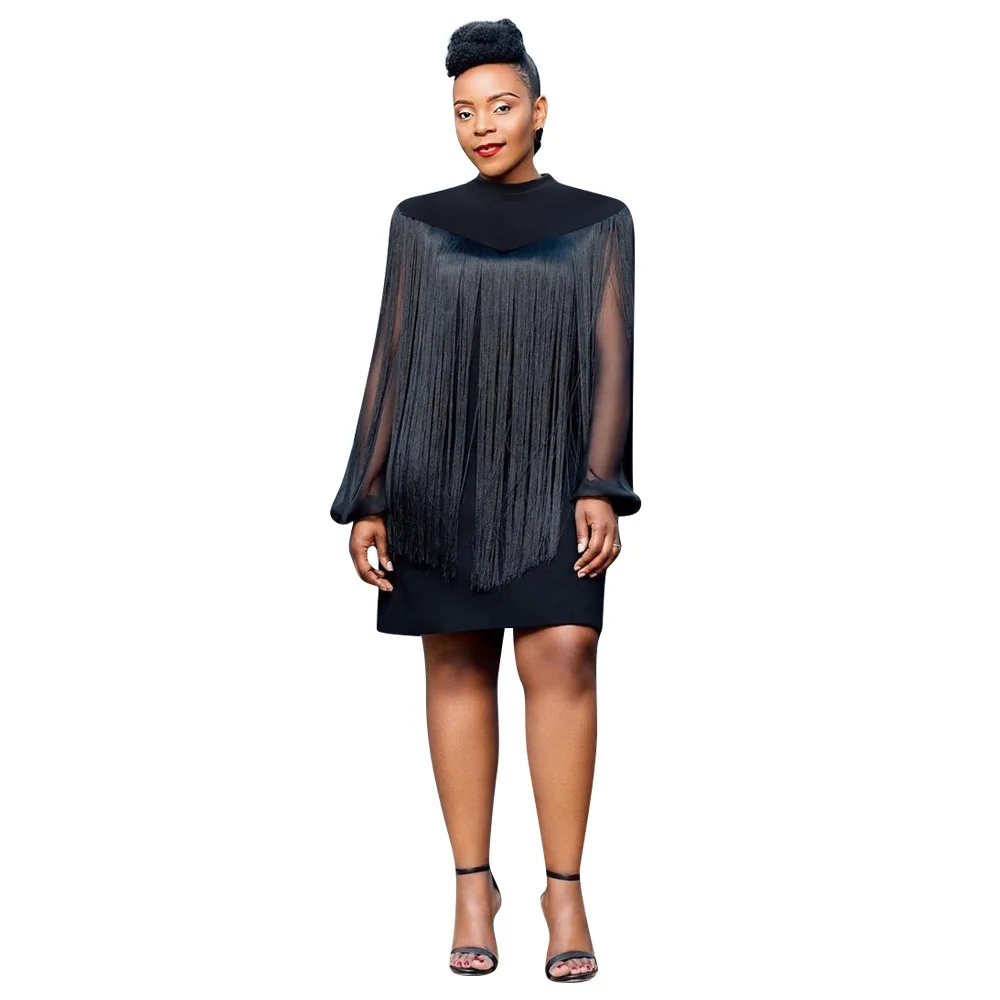 

African Dresses For Women Black Tassel Mini Dress Long Sleeve O-Neck Two Pieces Set Sexy Party Fashion Women dress