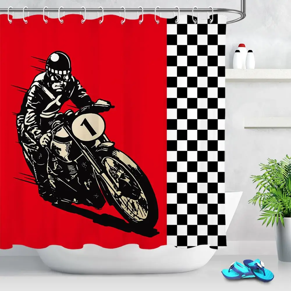 

Мотоциклетная занавеска для душа в стиле ретро, водонепроницаемая штора из полиэстера с красным принтом мотоциклиста, для ванной комнаты