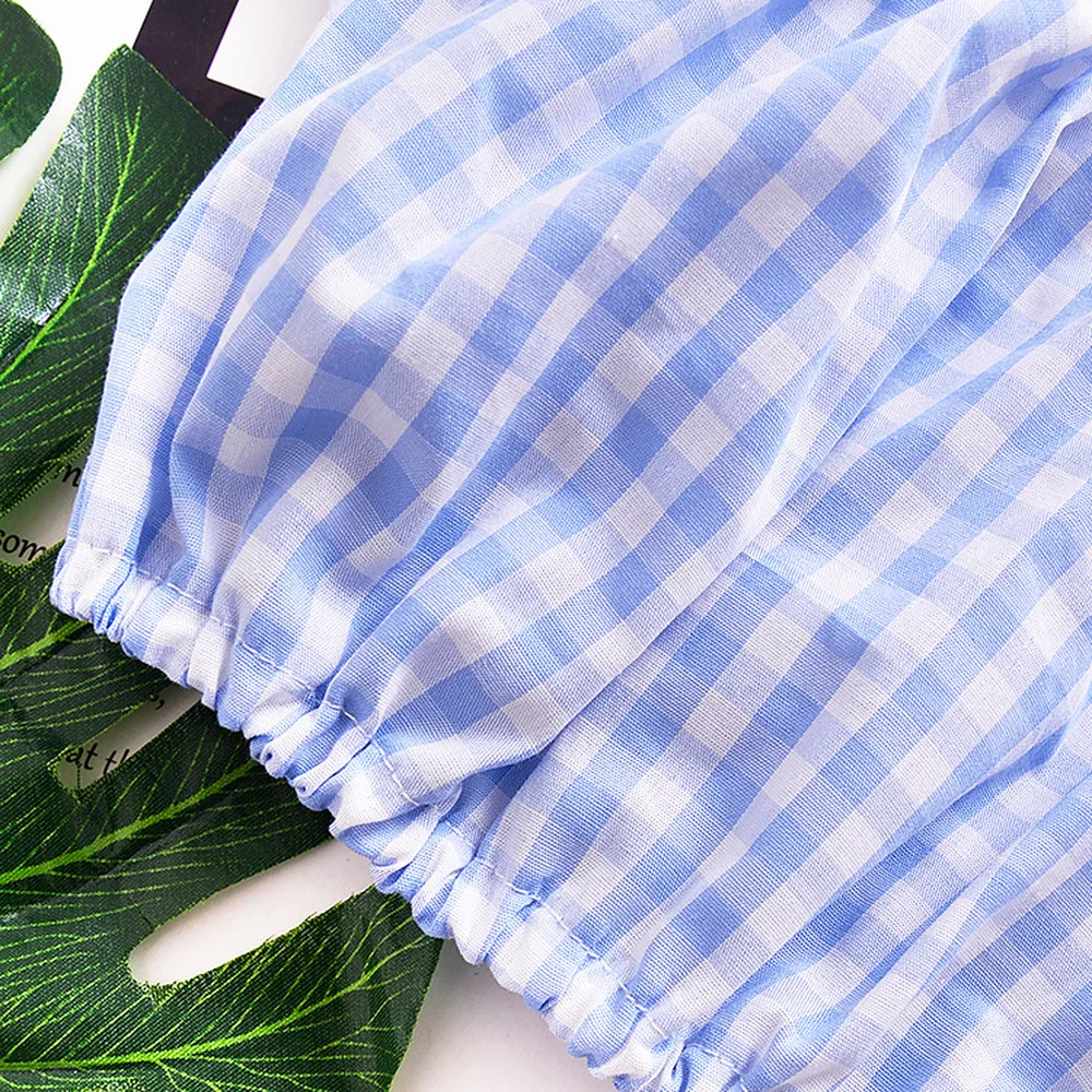 Новое поступление 2019 летняя синяя клетчатая рубашка с бантом и пышными рукавами