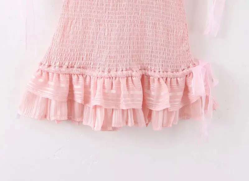Linjiashop Loveshackfancy autumn pink dress short sleeve vintage slim special chiffon ruffles mini dress dropshipping
