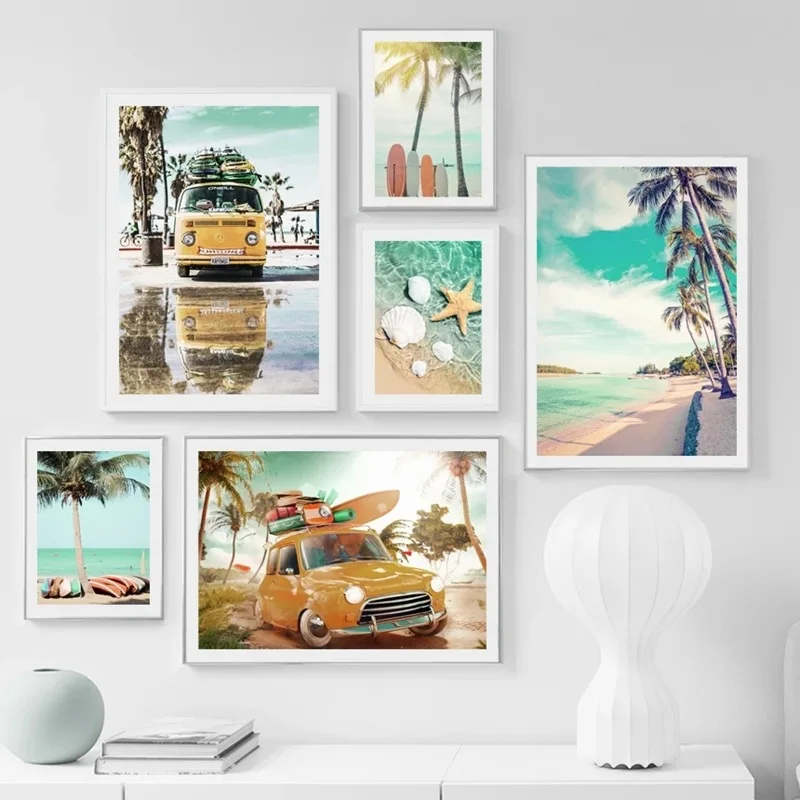 

Beach Palm Coconut Tree Starfish Surfboard Sea Art Print Canvas Painting Nordic Poster Wall Pictures For Living Room Unfram