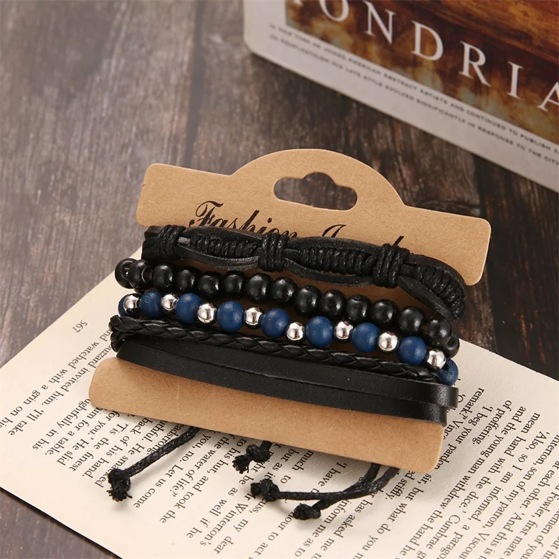 IFMIA богемные деревянные плетеные браслеты ручной работы, браслеты Pulsera для мужчин, винтажный многослойный синий кожаный браслет с бусинами, браслеты