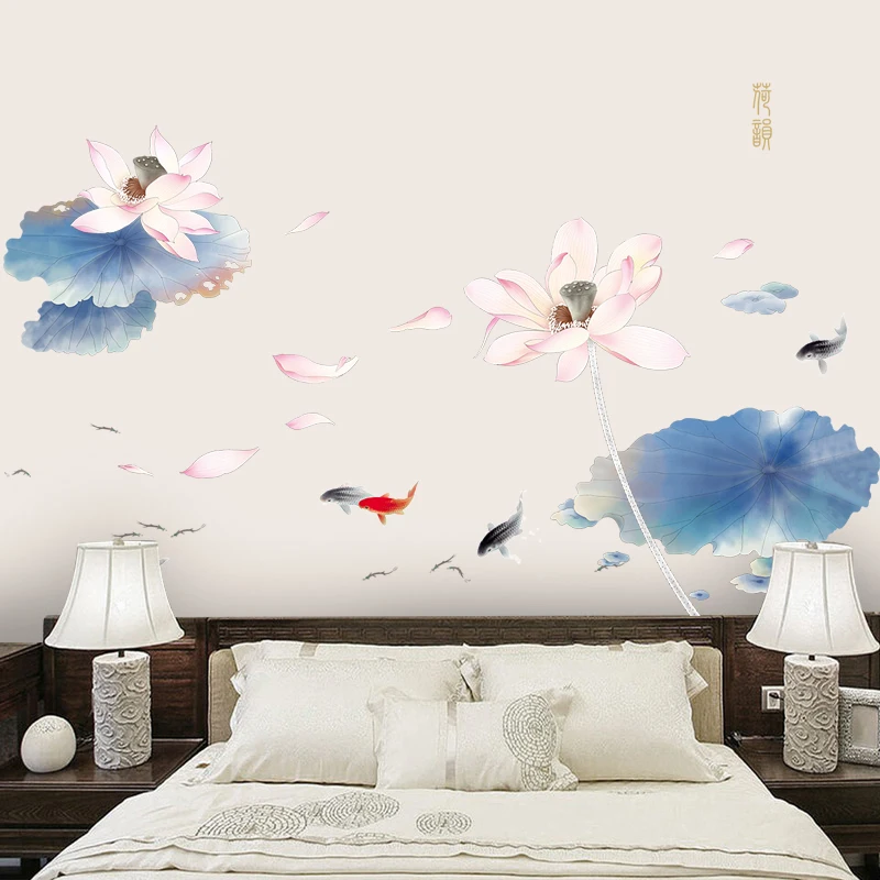 

Chinese Style Lotus Flower Wall Stickers Fish Home Decor Beautiful Wall Decal Vinyl DIY Mural Room Decoration