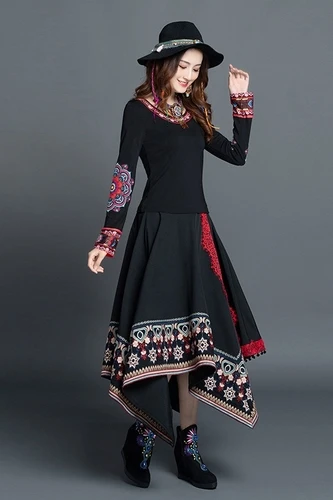 Осенне зимняя свободная Асимметричная юбка Макси до щиколотки с вышивкой