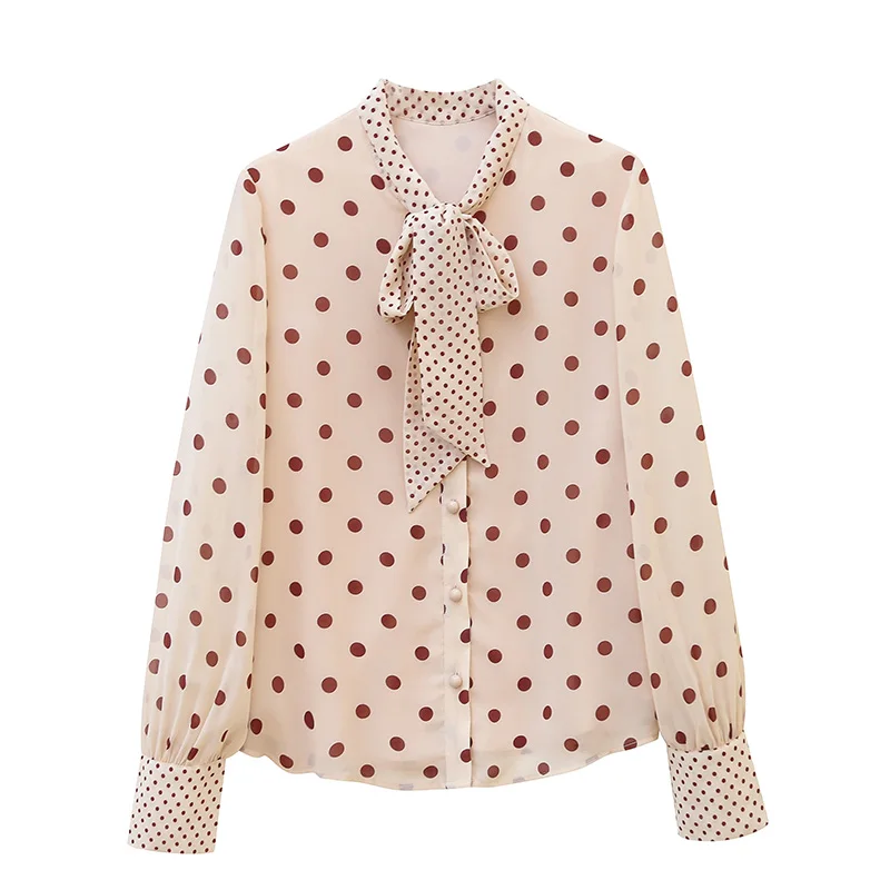 

Polka Dot Pink Shirt New 2021 Spring Long Sleeve Chiffon Blouse Elegant Slim Bow Office Lady Tops Loose Blusas