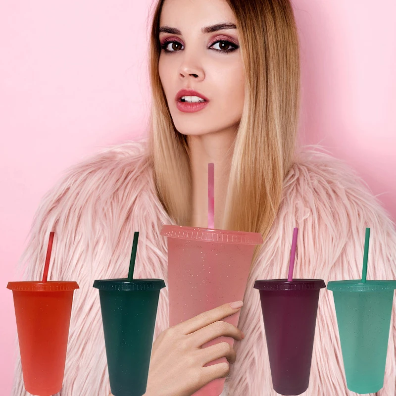 

5 шт., 700 мл, новая блестящая соломенная чашка с блестками, высокая емкость, искусственная кожа с крышкой, модный креативный подарок для вечер...