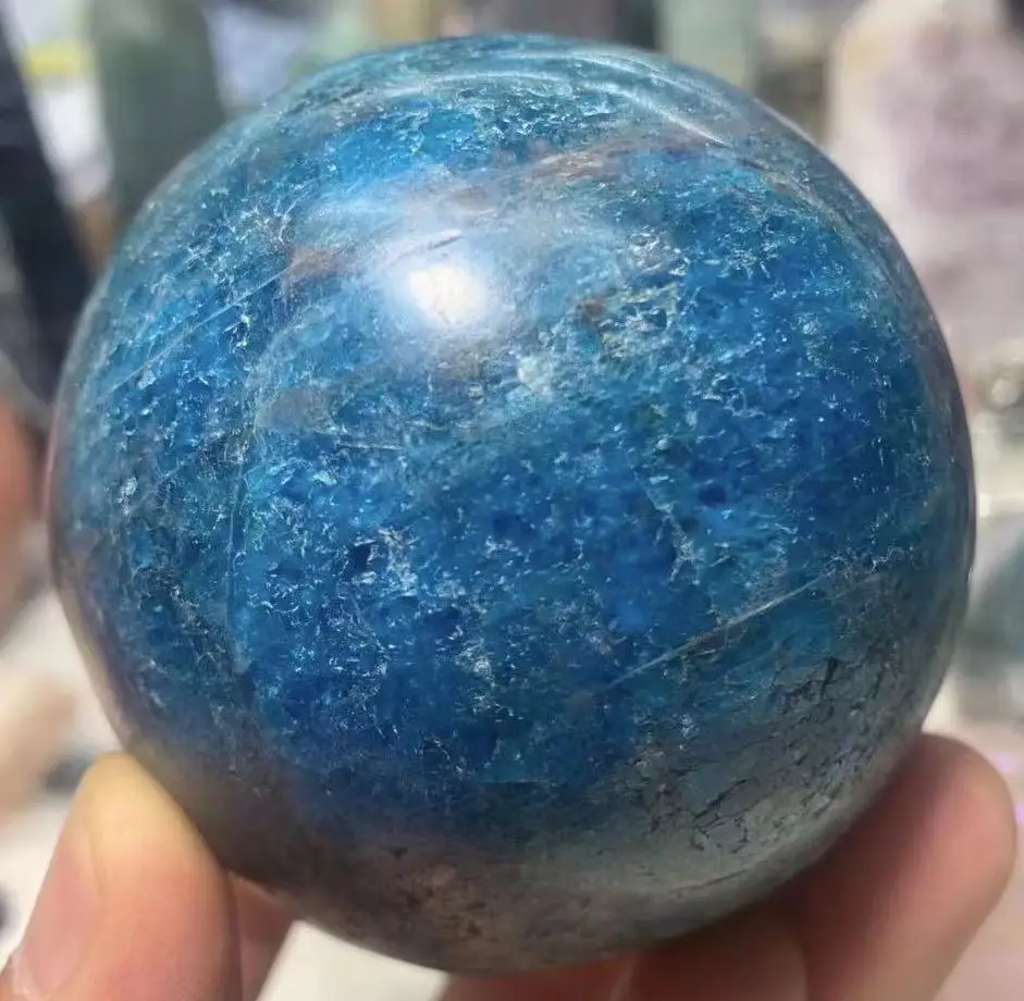 

Natural Blue apatite sphere crystal stone Quartz Globe Ball Rock Mineral gift wooden base Reiki Healing Home decor
