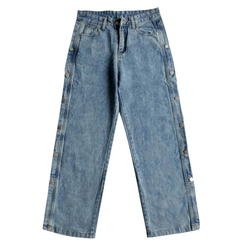 

Women's High Waist Jeans Vintage Distressed Breasted Casual Straight Trousers Loose and Thin Boyfriend Style Wide Leg Pants