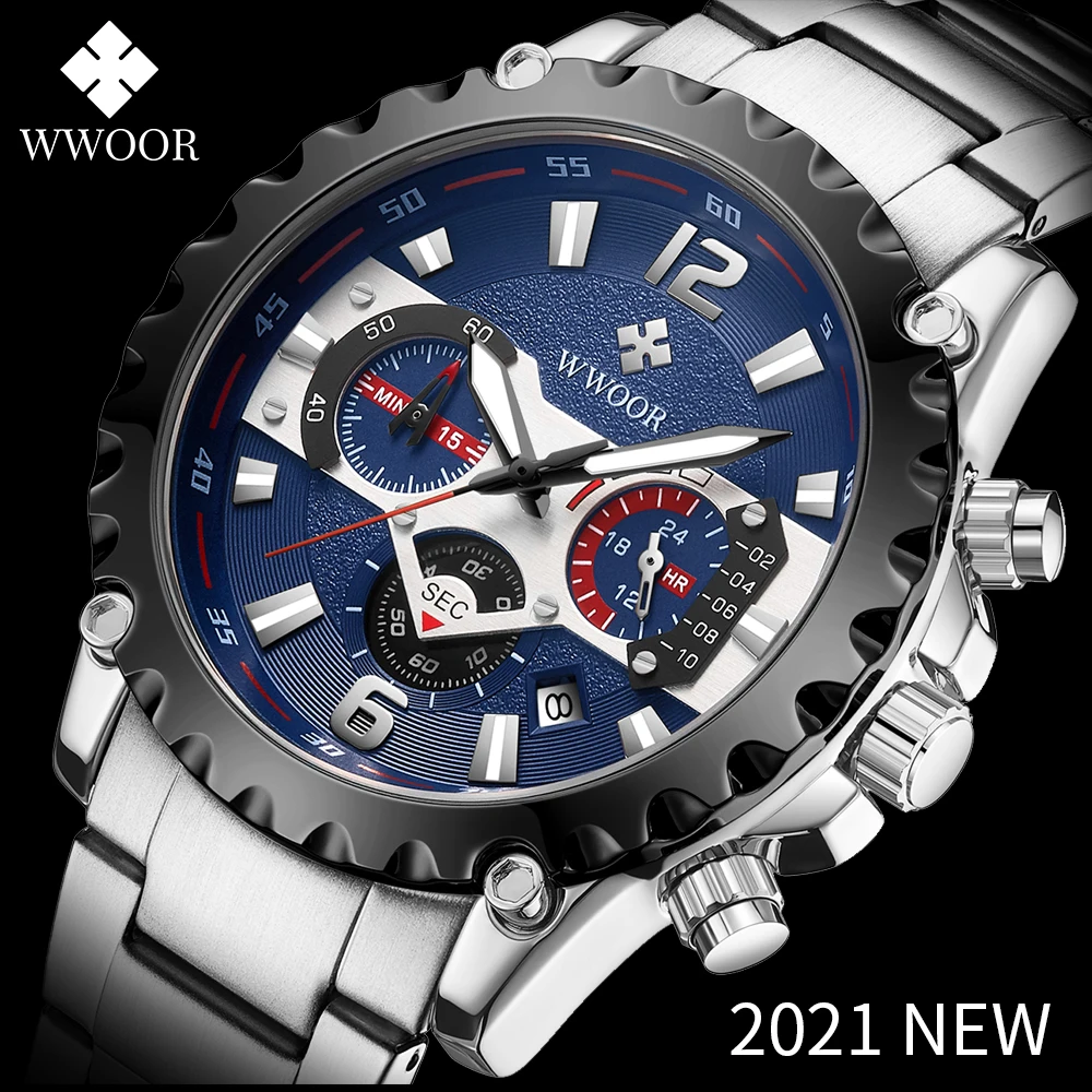 2021 New Watches Men Luxury Brand WWOOR Chronograph Sports Watches Waterproof Military Full Steel Quartz Mens Watch Reloj Hombre