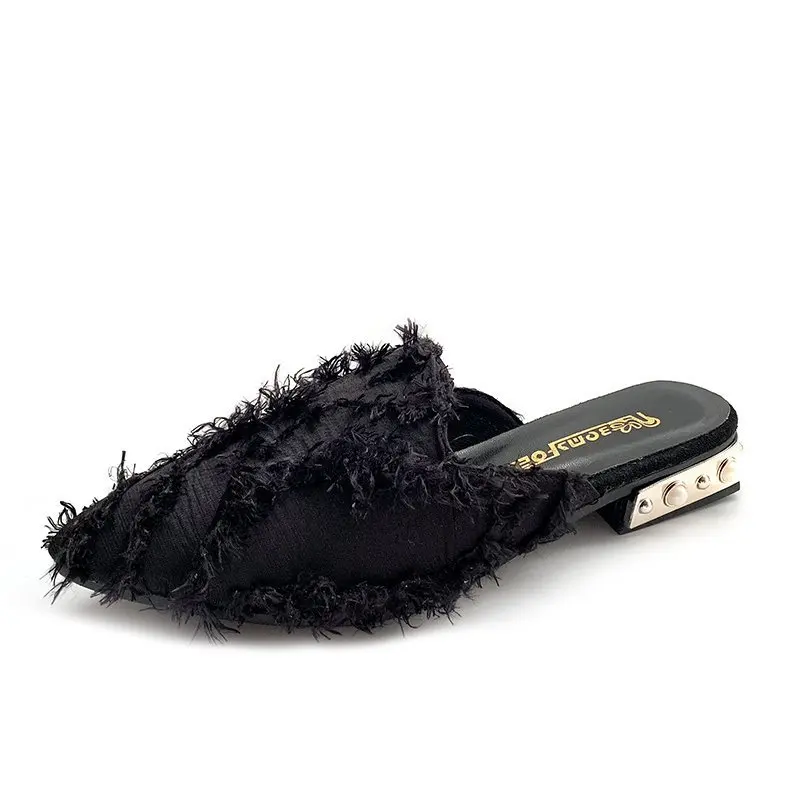 

Slippers Casual Female Shoes Slides Loafers Flock Pointed Toe Mules For Women 2021 Low Luxury New Cover Flat Fabric Rubber Basic