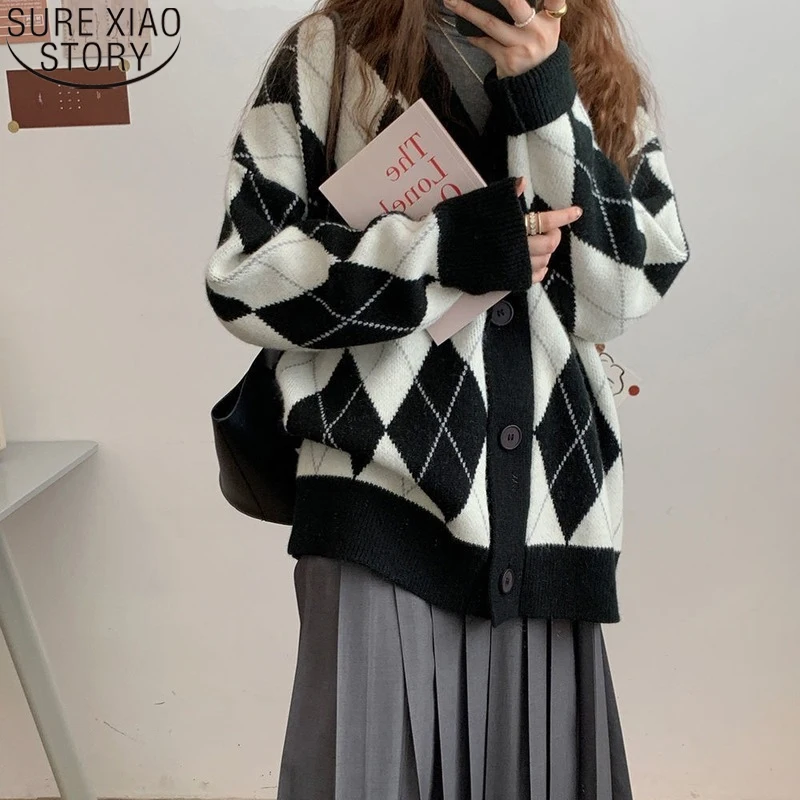 

Argyle Cardigan Women Knitted Sweater Loose Single Breasted Students V-neck Lovely Knitwear Korean Oversize Winter Tops 17068