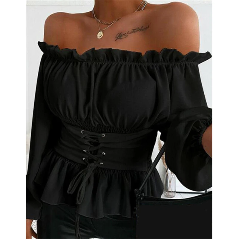 

2021 сексуальное платье без бретелек Фонари топ с длинными рукавами, рубашка-корсет кружева платье на одно плечо с длинным рукавом со сборкам...