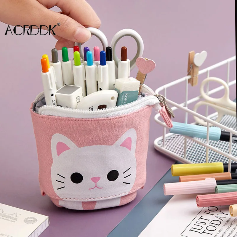 

Чехол для карандашей, милая мультяшная Холщовая Сумка, складной стоячий держатель, канцелярский органайзер для мальчиков и девочек FL