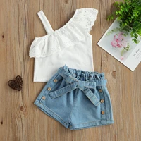 summer fashion toddler girls 2pcs outfits one shoulder strap ruffle topsbelted denim jeans shorts clothing set