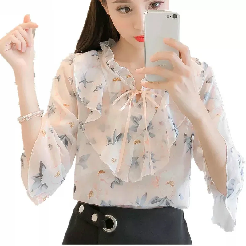 Chiffon Korean Blouses Women Summer Bow Tie Stand Collar Floral Printed Shirt Top Casual Pink Black Lady Blusas Femininas