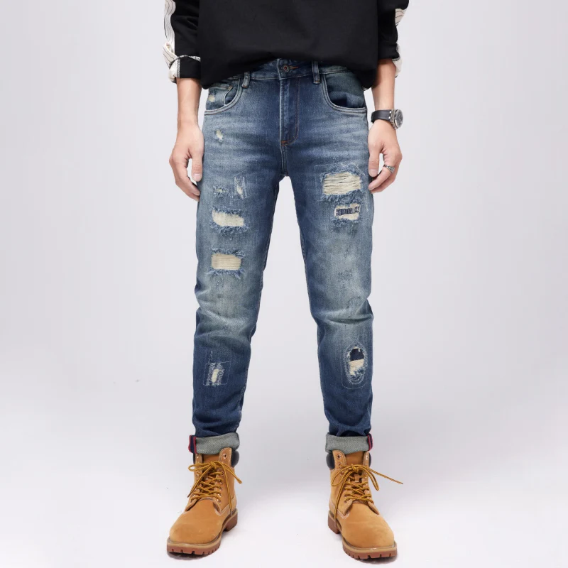 Модные мужские джинсы в уличном стиле, Синие рваные джинсы в стиле ретро, мужские винтажные дизайнерские джинсы в стиле пэчворк, хип-хоп, пот...
