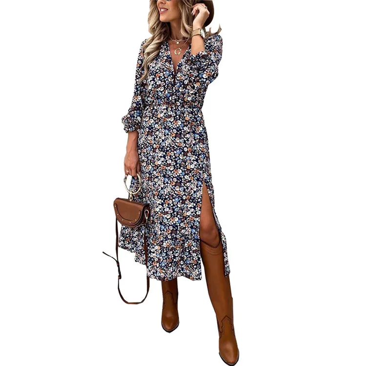 

Autumn Women Dresses Elegant V Neck Casual A Line Floral Print Midi Long Sleeve Dress Sexy Split Party Dress Robe Femme