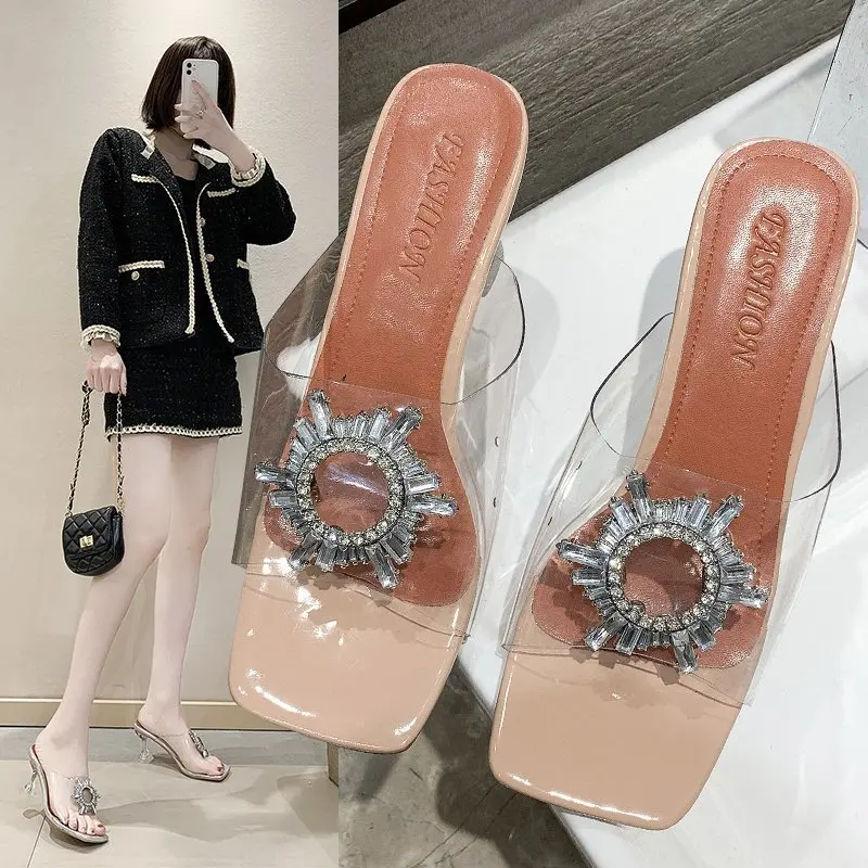 

High Heeled Women's Sandals 2021 Summer Diamond Sunflower Sexy Exterior PVC Large 41-42slippers