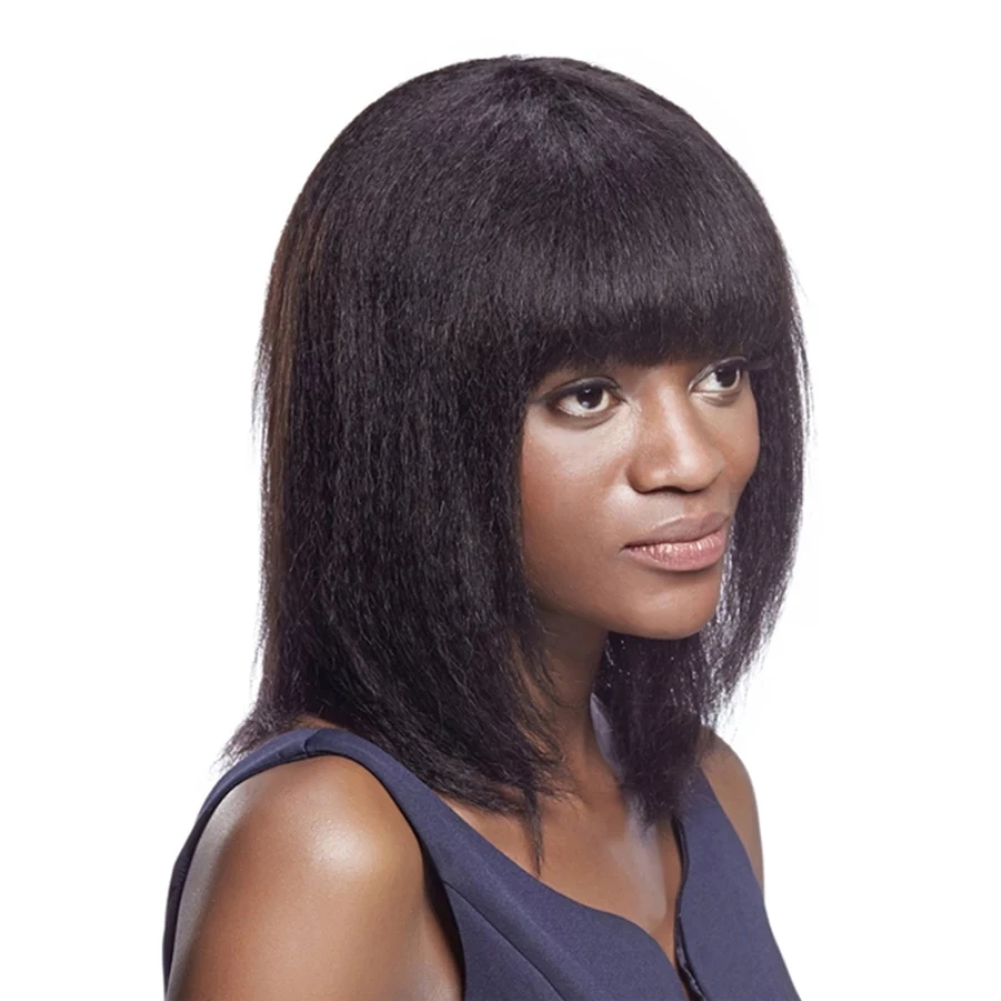 Yaki Human Hair Bob Wigs Kinky Straight Women Peruvian Remy Scalp Top Wig Silk Base with Bangs Natural Color | Шиньоны и парики