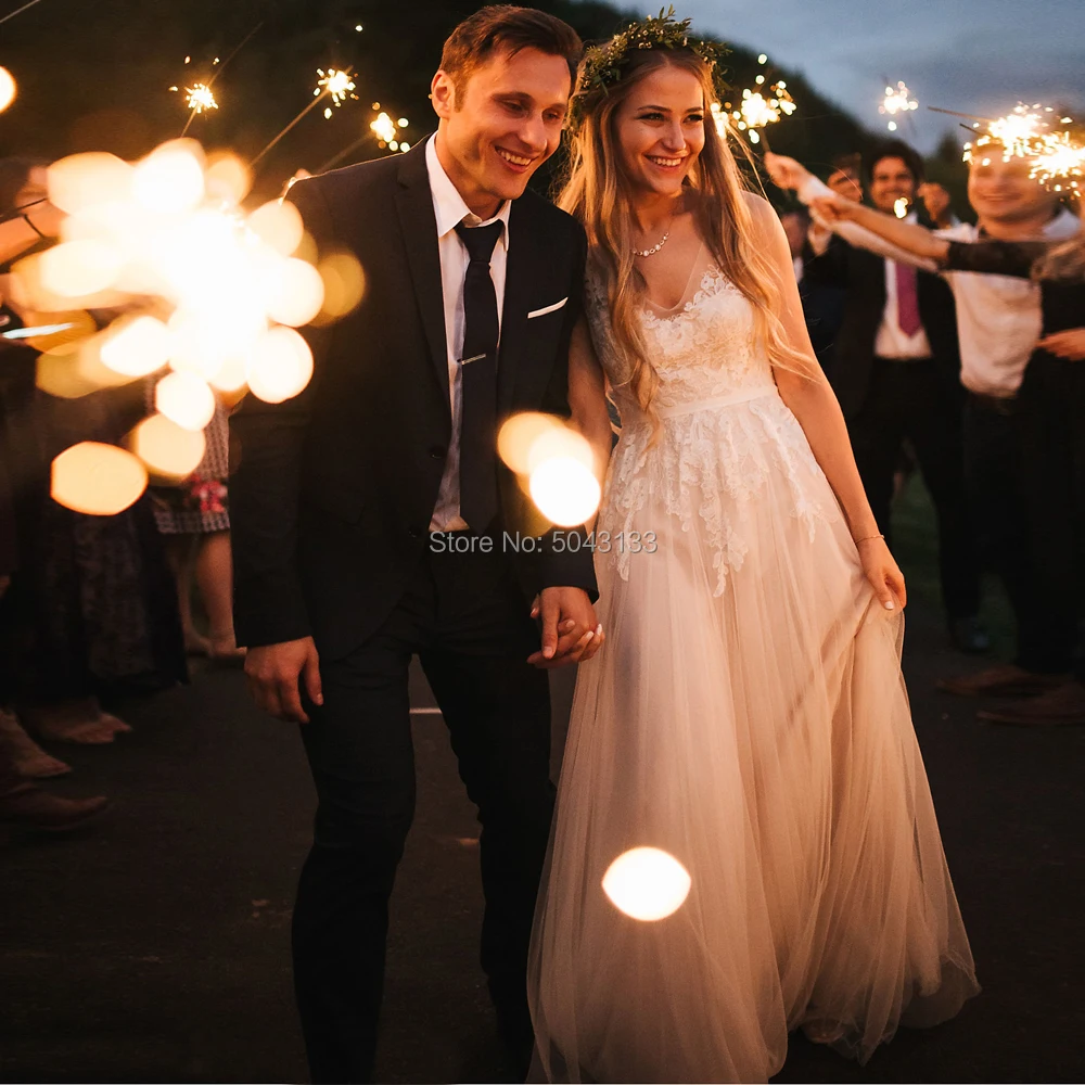 Boho V шеи Тюль Свадебные платья с поясом 2020 простой линии Кружева аппликации