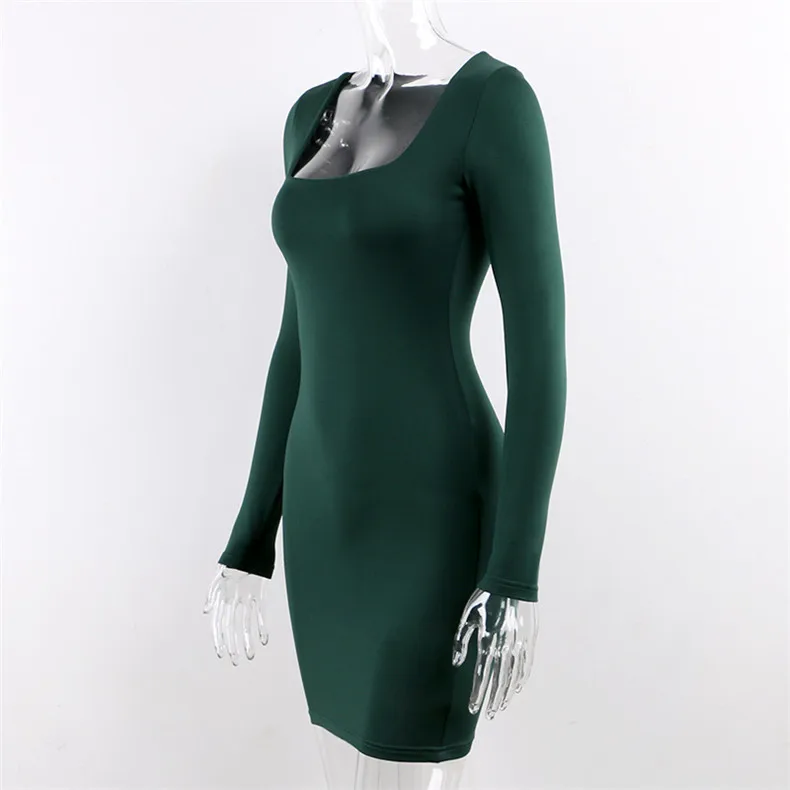 Forefair Long Sleeve Sexy Bodycon Dress Women Club Autumn Basic Solid Square Neck White Red Black Woman Mini Dress Winter